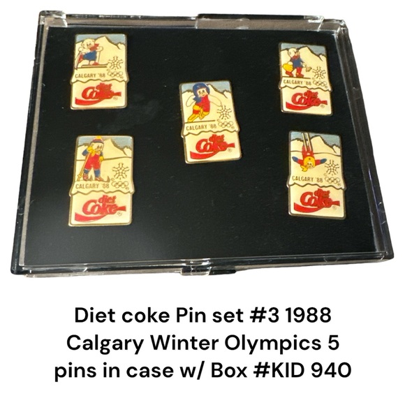 Diet coke Pin set #3 1988 Calgary Winter Olympics 5 pins in case w/ Box #KID 940 - Picture 2 of 8